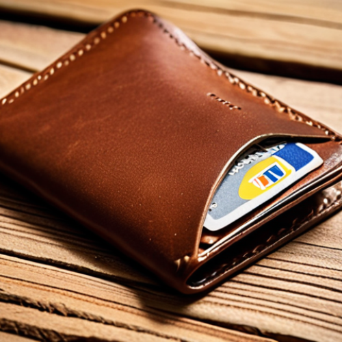 Home 25 A stylish, slim leather wallet in a warm brown tone, slightly worn, placed on a textured wooden surface. A few Brazilian Real notes and a couple of credit cards are fanned out next to it, suggesting everyday use and practicality. The background is softly blurred, creating a sense of warmth and approachability, reflecting the "Elegância e Resistência" aspect.