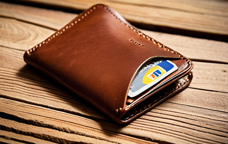 A stylish, slim leather wallet in a warm brown tone, slightly worn, placed on a textured wooden surface. A few Brazilian Real notes and a couple of credit cards are fanned out next to it, suggesting everyday use and practicality. The background is softly blurred, creating a sense of warmth and approachability, reflecting the "Elegância e Resistência" aspect.