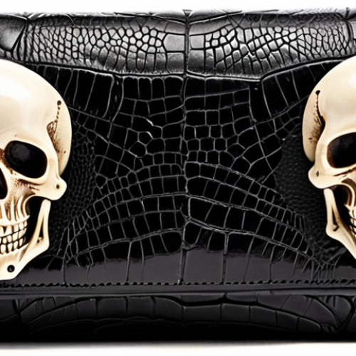 Home 24 **Image:** A luxurious Alexander McQueen wallet, showcasing the iconic skull design, crafted from high-quality textured leather. Focus on the details and craftsmanship.
