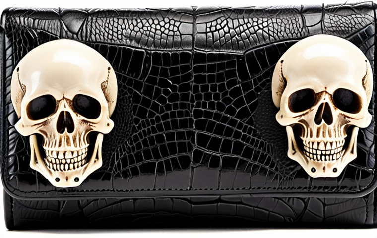 **Image:** A luxurious Alexander McQueen wallet, showcasing the iconic skull design, crafted from high-quality textured leather. Focus on the details and craftsmanship.