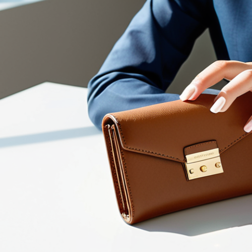 Home 22 A professional woman in a modest, elegant business suit, seated at a sleek modern desk in a sunlit office space. She is holding a compact Michael Kors Sloan wallet in Saffiano leather, showcasing its refined texture and subtle metallic logo. The wallet is positioned to highlight its sophisticated design and premium quality. Her pose is natural and composed. Perfect anatomy, correct proportions, well-formed hands, proper finger count, natural body proportions, professional photography, high-resolution, soft lighting, elegant composition, safe for work, appropriate content, fully clothed, professional dress.