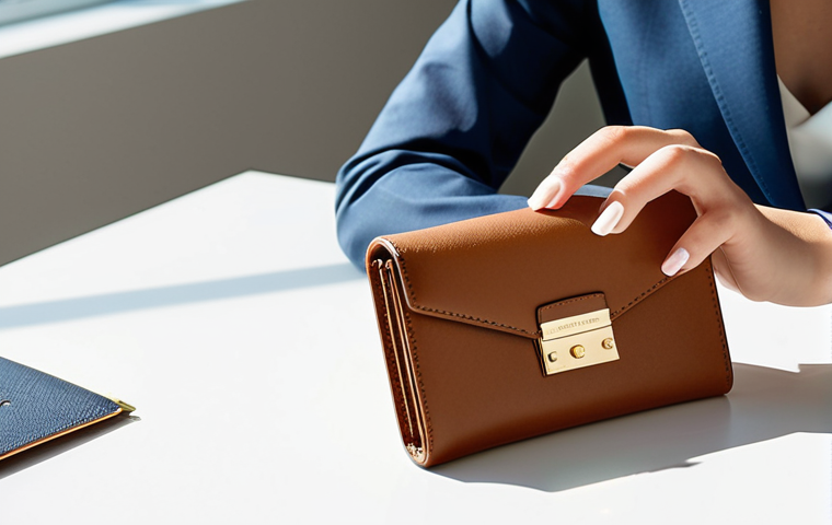 A professional woman in a modest, elegant business suit, seated at a sleek modern desk in a sunlit office space. She is holding a compact Michael Kors Sloan wallet in Saffiano leather, showcasing its refined texture and subtle metallic logo. The wallet is positioned to highlight its sophisticated design and premium quality. Her pose is natural and composed. Perfect anatomy, correct proportions, well-formed hands, proper finger count, natural body proportions, professional photography, high-resolution, soft lighting, elegant composition, safe for work, appropriate content, fully clothed, professional dress.