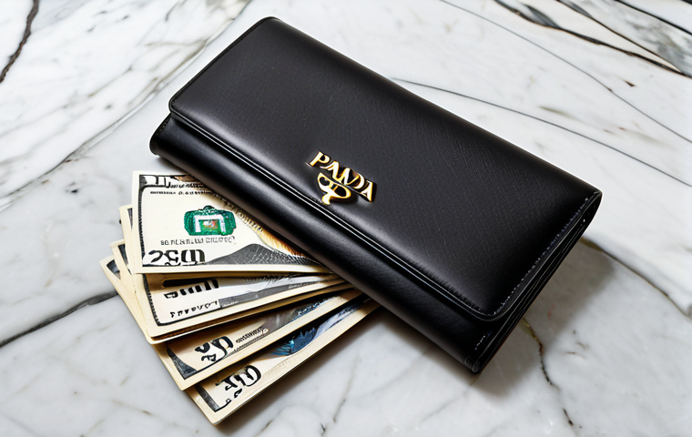 프라다 여성용 장지갑과 컴팩트 지갑 비교 - **Long Prada Wallet:** "A beautifully organized Prada long wallet on a marble surface, displaying va...