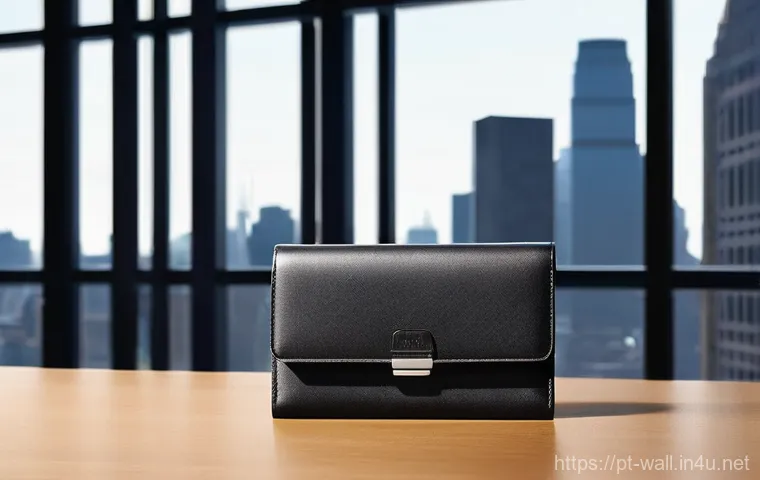 TUMI 알파 슬림 월렛과 삼폴드 월렛 비교 - **Prompt:** A sophisticated professional, gender-neutral, in a modern, sunlit office environment, is...