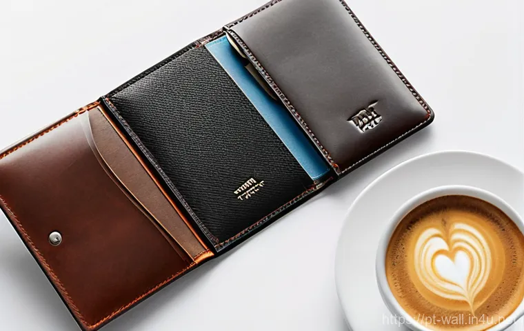 TUMI 알파 슬림 월렛과 삼폴드 월렛 비교 - **Prompt:** An adventurous traveler, gender-neutral, is at an international airport lounge, with a T...