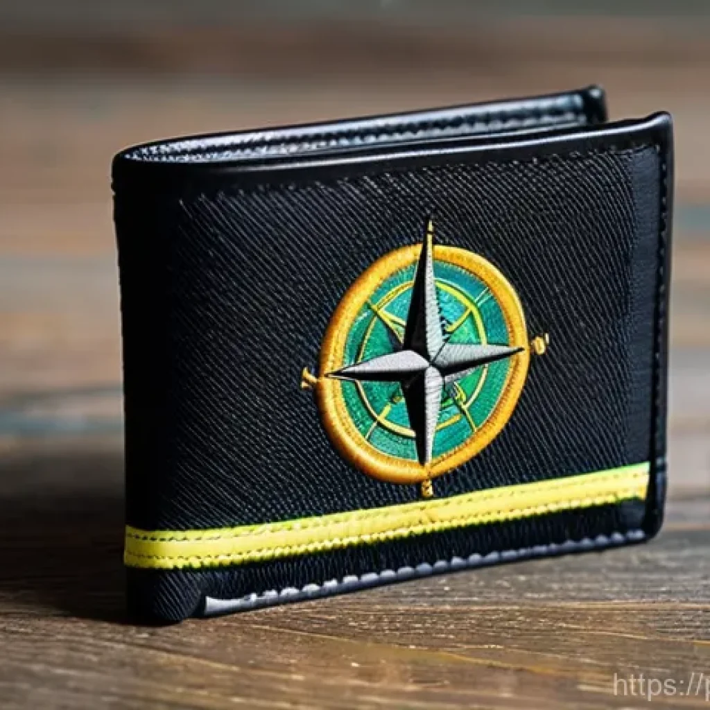 스톤아일랜드 패치 지갑 추천 - A close-up shot of a Stone Island wallet featuring its iconic yellow and green compass patch promine...