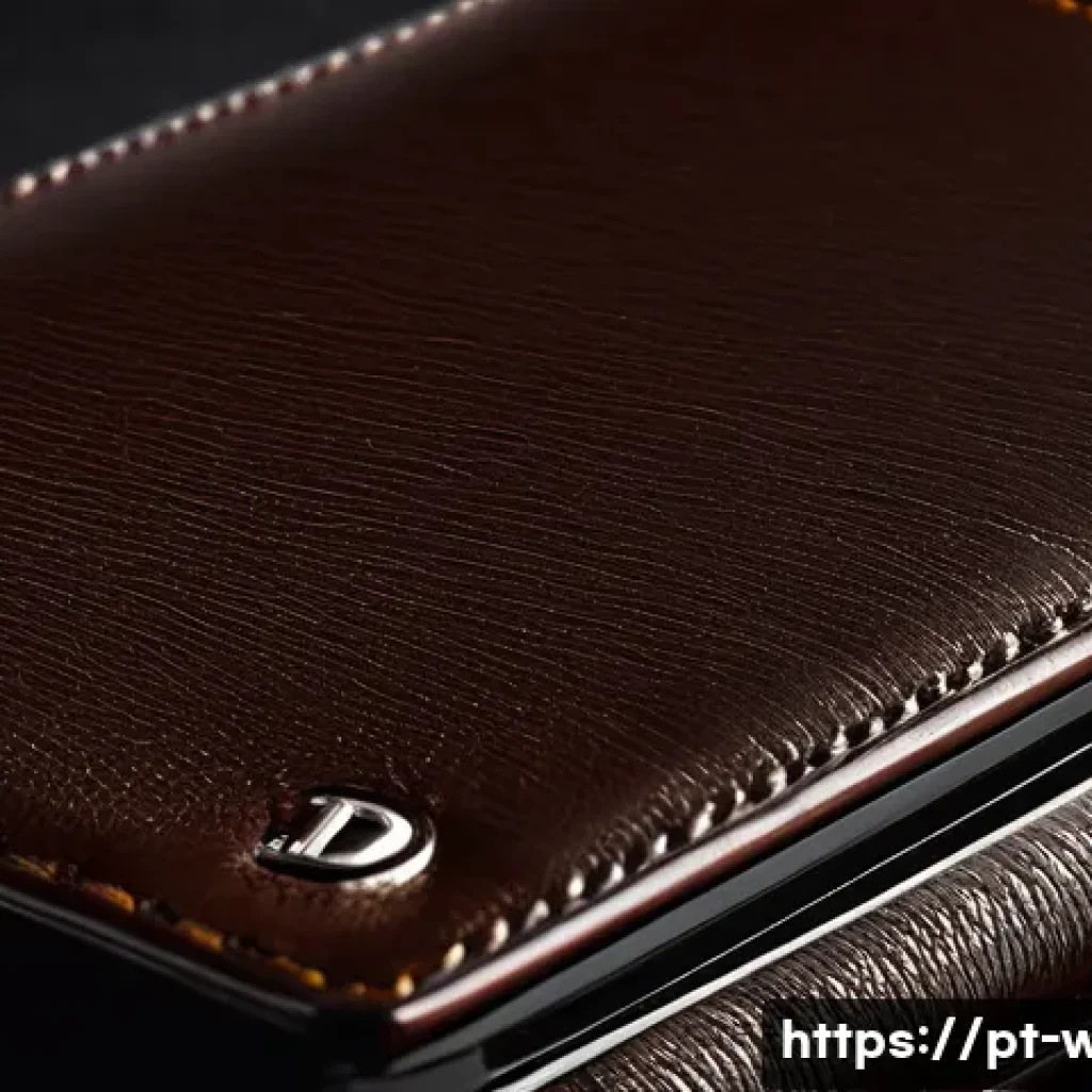 듀퐁 가죽 지갑의 품질과 스타일 - **Prompt:** A close-up, high-definition studio shot of a classic S.T. Dupont leather wallet in a ric...
