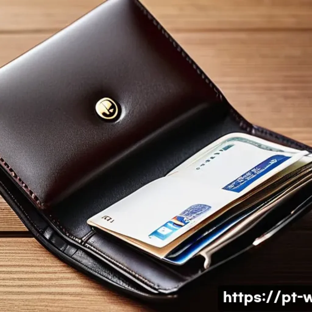 몽블랑 명함 지갑과 돈클립 지갑 비교 - A close-up image of a classic Montblanc leather wallet placed on a polished wooden desk next to a lu...