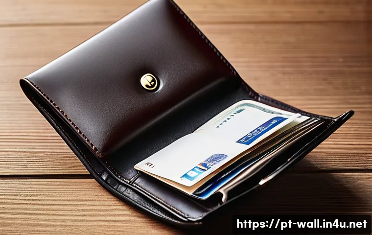 몽블랑 명함 지갑과 돈클립 지갑 비교 - A close-up image of a classic Montblanc leather wallet placed on a polished wooden desk next to a lu...