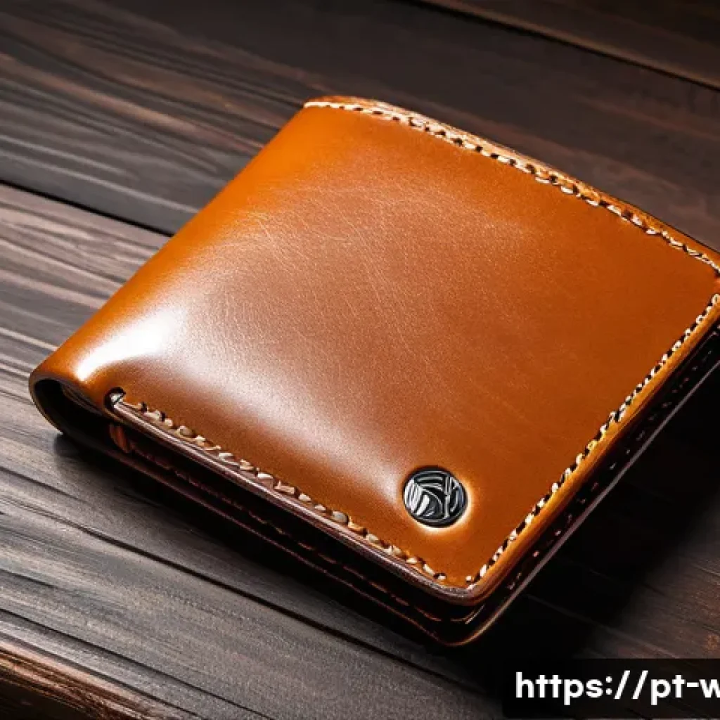 끌로에 마르씨 지갑의 클래식한 디자인 - A minimalist and elegant leather wallet placed on a rustic wooden table, showcasing its clean lines,...