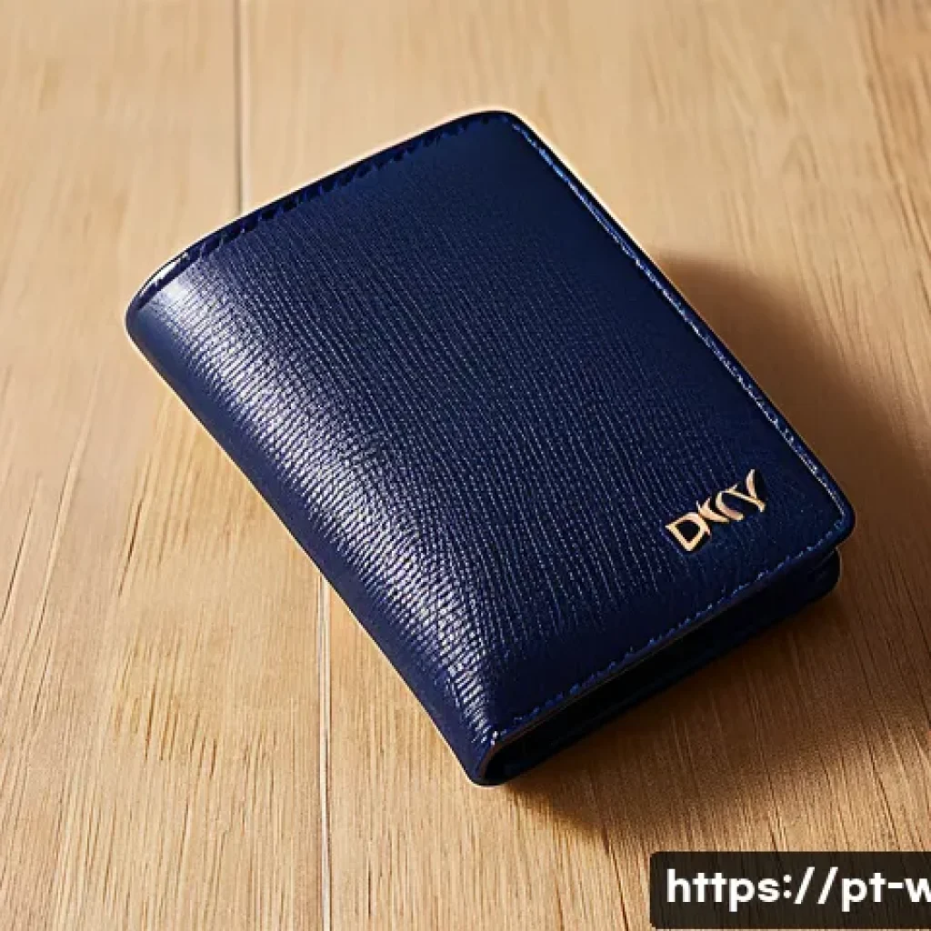 DKNY 모노그램 카드지갑 리뷰 - A close-up image of a sleek DKNY Monogram wallet made of high-quality synthetic leather, showcasing ...