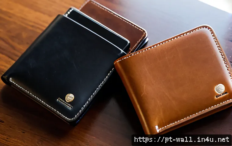 보스와 버버리 남성 지갑 비교 - Photorealistic luxury wallet comparison on a polished walnut desk, two elegant men&rsquo;s leather bifold ...