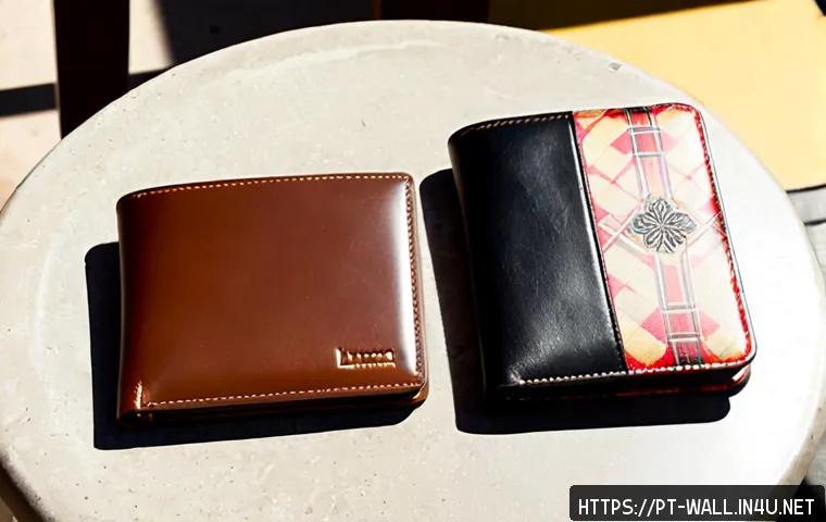 Home 17 버버리 빈티지 체크 vs 루이비통 모노그램 지갑 - Photorealistic luxury wallet comparison on a sunlit Lisbon apartment table: a beige, black, and red ...